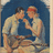 Two figures in light-colored clothing share an intimate moment under a blue arch, with one figure holding the other's face.