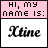 Pixelated text on a pink and white background reads 'HI, my name is:' above the cursive word 'Kline' in black.