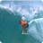 Pixelated static icon of a surfer riding a wave with blue water and white foam against a light sky background.