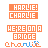 Animated sequence of pixelated text variations in orange and blue on white background, displaying 'HARVE! CHARLIE', 'WE'RE ON A BRIDGE', and partial name fragments.