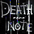 A black background displays four identical white text blocks reading "DEATH NOTE" in a stylized font with vertical glitch effects and scattered colored pixels.