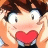 A pixelated anime-style character with brown hair holding a red heart, next to stylized text on a black background.