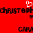 Red background with black pixelated text repeating 'christoph' and 'CARA', white heart symbol above, two small dark hearts below.