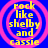 Four identical circular icons with pink concentric rings on a blue background, each containing yellow text reading 'rock like shelby and cassie' in a pixelated font.