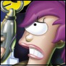 Close-up of a cartoon character with purple hair holding a silver and yellow gun, mouth open in a grimace, white eye with black pupil, nose, and teeth visible.