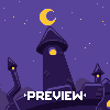 Pixel art of a dark purple castle tower under a crescent moon and stars, with 'PREVIEW' text at the bottom.