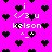 Pixel art animation on bright pink background with black hearts and white text 'i <3 u kelson' in multiple configurations, hearts and text elements shift positions across frames.
