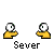 Pixelated yellow figures with white eyes perform sequential actions including hand gestures, head contact, and red particle effects beneath a gray background.