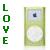 A static AIM buddy icon featuring vertical green text spelling "LOVE" on the left and a pixelated yellow-green rectangular object with circular elements on the right, set against a white background.