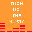 Orange background with white text reading "TURN UP THE MUSIC" and red audio equalizer bars in two vertical , each showing different bar heights