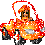 Pixelated character with brown hair and green eyes rides a vehicle engulfed in orange-red flames, shown across three