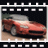 Pixelated image of a red sports car in motion within a filmstrip frame, next to a vertical emblem with red white and blue stripes and a circular logo below.
