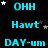 cyan text and white stars on a black background, with alternating displaying "OHH," "Hawt," and "DAY-um OHH" in pixelated font