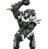 Pixelated figure in dynamic pose holding a weapon, wearing dark armor with green accents against gray background.