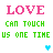 Pixelated text and heart symbols in pink, green, and blue on white background with gray section.
