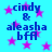 Blue background with pink stars and blue text reading "cindy & aleasha bff" in pixelated font.