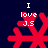 Four red pixelated snowflake icons with white text "I love JS" on a dark blue background, each showing a different frame of animation.