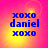 Blue text 'xoxo daniel xoxo' on a pink and yellow gradient background with subtle circular patterns.