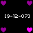 Pixelated heart icons in purple and pink hues arranged around white date text on a black background, with central hearts changing color between frames.