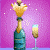 Animated sequence of a champagne bottle with a popping cork and a champagne flute against a purple background with white speckles.