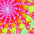 Pixelated abstract composition of pink, red, orange, and yellow hues with scattered light blue accents on a bright green background.