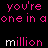 Pixelated text repeats 'you're one in a million' in pink and white on black background with gray section.