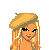 Pixel art contact sheet showing three frames of a blonde female character with beret, yellow top, blue pants, and heart-shaped purse in an animated icon sequence.