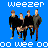 A 5x5 contact sheet of animated frames showing a pixelated group of four figures in black outfits against a blue background, with changing text overlays including "Weezer," "buddy," and "holy" variations.