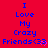 Red background with blue text reading "I Love My Crazy Friends<33" repeated in a pattern, each instance accompanied by two small pink heart symbols