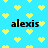 Blue background with yellow pixelated hearts and black text reading "alexis" in four positions.