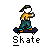Pixel art of a character on a skateboard with text below, showing subtle animation changes across frames.