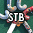 Green background with scattered candy canes in red, white, and silver; black text "STB" overlaid on the center.