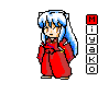 Pixel art character in red kimono with blue hair, shown in multiple poses including standing, crouching, and wielding a glowing white object against gray background.