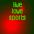Green pixelated text 'live love sports' on a red and dark green gradient background with a glowing red circular light effect.