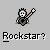 Pixel art character with skull face plays electric guitar, transitions from standing to sitting on brown bench, text changes from "Rockstar?" to "Nope.".