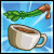 Animated sequence of a white cup with brown liquid, green leafy vegetable, and brown stem against a blue radial background.