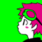 Animated sequence of a character with pink hair and green goggles blowing bubbles, transitioning from small to large bubble shapes against bright green background.