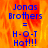 Blue text on fiery orange-yellow background reads 'Jonas Brothers = H-O-T Hot!!!' with pixelated font style.