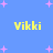 Blue background with pink star shapes and four yellow 'Vikki' text instances arranged in a pattern