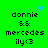 Green background displays four identical text blocks with 'donnie && mercedes ily<3' and blue pixelated symbols above each block.