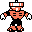 Pixel art character in orange and black outfit with white gloves and boots, shown in six distinct poses across two on gray background
