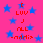 A static image with a bright pink background covered in blue stars, displaying red text that reads "I LUV U ALL -addie" arranged vertically.