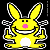 Yellow pixelated rabbit with pink nose, black eyes, and white accents on ears and body against a black background.