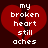 Red broken heart with white pixelated text reading 'my broken heart still aches' on dark background.