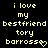 Pixelated text reads 'i love my bestfriend tory barross' with a heart symbol on black background.