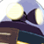 Pixelated static icon of a dark purple creature with sharp fins against a bright yellow circular background and light blue sky, partially overlapping a brown structure at the bottom left.