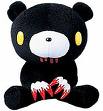 Static image of a black plush bear mascot with yellow eyes, white face, red fangs, and clawed hands against a plain background.