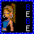 Pixelated cartoon-style buddy icon featuring a female character with long hair and blue pants, standing against black background with vertical text "BEBE" on right side, framed by blue border with white dots.
