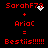 Red pixelated text on black background shows 'SarahF79 + ArioC = Bestiis!!!!!!' with white particle effects near the names.