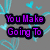 Pixelated text in purple with black outlines on a gray background, surrounded by light blue heart-shaped and curved line graphics.